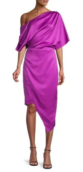 Elliatt Carson Satin One Shoulder Asymmetric‎ Midi Dress Purple Orchid New thumbnail 1