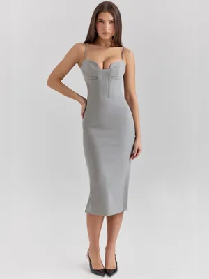 House of CB KIKI Light Grey Mesh Panelled Bodycon Midi Dress L thumbnail 10