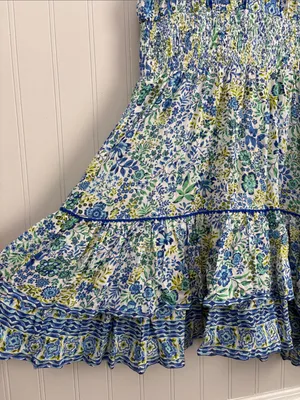 Poupette St Barth Short Sleeve Tiered Mini Dress Women Size Small Blue Green thumbnail 4