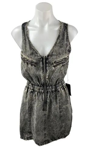 NEW Forever 21 Gray V-Neck Sleeveless Zip Up Mini A-Line Tank Denim Dress Size S thumbnail 1