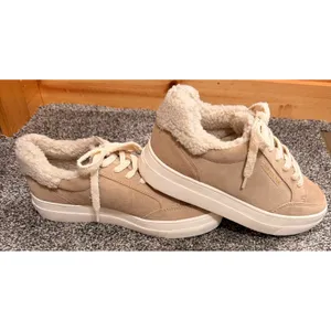 Sam Edelman Wess Cozy Suede Faux Shearling Sneakers Sesame Tan Beige 8.5M thumbnail 8