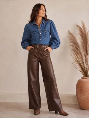 We the Free With Love Denim Top Long Puff Sleeves Western-Boho Size Small thumbnail 7