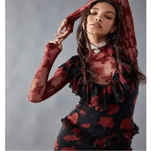 Free People Austyn One Piece Jumpsuit Red Floral Size‎ S boho flare ruffle thumbnail 13