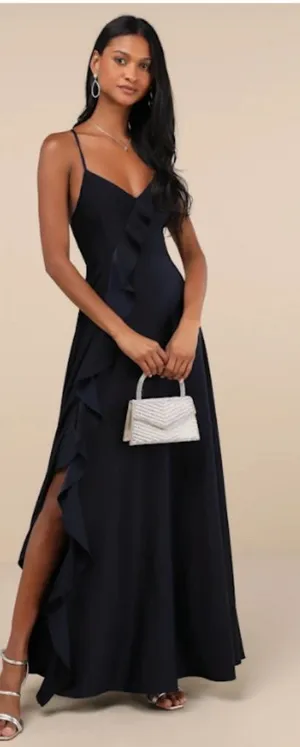 LULU's Sexy Prom Wedding Bridesmaid Satin Elegant Navy Maxi Dress thumbnail 1