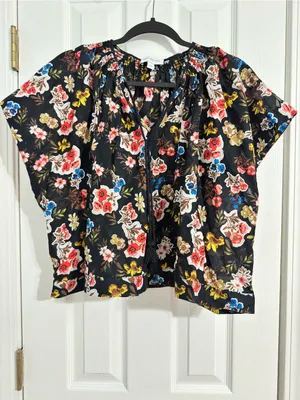 Marc New York Jeans Floral Oversized Blouse XL Black Multicolor Tassel Tie thumbnail 2