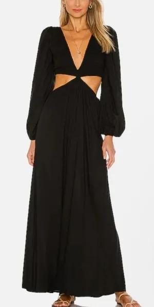 Indah Julie Solid Ruched Bodice Cutaway Maxi Dress in Black Sz M thumbnail 1