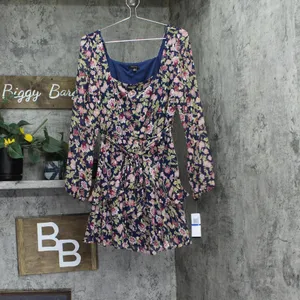 NWT City Studio Juniors Square-Neck Fit Flare Dress Belted Navy Blue Multi XL thumbnail 4
