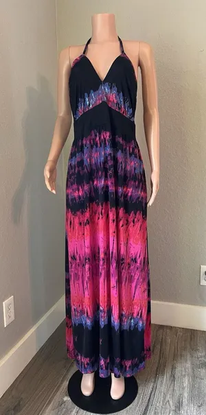 Baby Phat Womens Pink Black tie dye Sexy Flowy Maxi Halter Stretch 2X Dress #196 thumbnail 1