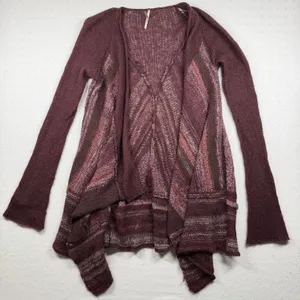 Free People Women’s Open Knit Cardigan Sweater Boho Oversized Large Burgundy thumbnail 1