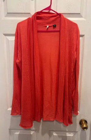 Smitten Womens Coral‎ Orange Linen Rayon Blend Open Front Cardigan Sweater Large thumbnail 1