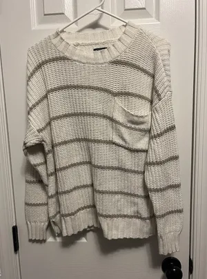 American Eagle White and Beige Striped Sweater Med but Oversized‎ w/large pocket thumbnail 1