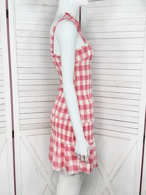 Sincerely Jules Gingham‎ Check Smocked Ruffle Mini Dress Red White Medium Preppy thumbnail 4