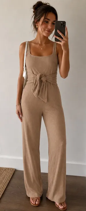 Reformation Jumpsuit Women XS‎ Tan Ribbed Tie Waist Wide Leg Sleeveless Lyocell thumbnail 1