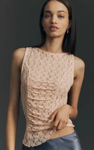 By Anthropologie Ruched Lace Tank Size Medium Peach Parfait NWT thumbnail 1