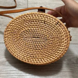 Woven Rattan Crossbody Bag Oval Basket Purse Leather Strap Boho Batik Lined thumbnail 9