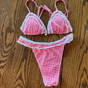 Red and White Check with Lace Trim Bikini Top Bottoms Set Women’s Large thumbnail 8