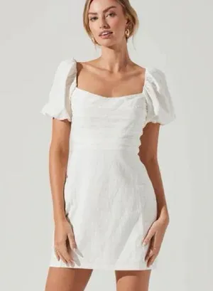 ASTR The Label Linen Pleat Front Mini Dress Puff Sleeve White Womens Size Medium thumbnail 1