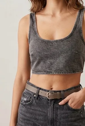 Zara TRF Denim Western Festival Cropped Gray Acid Wash Tank Top size medium thumbnail 1