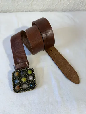 Vintage Lucky Brand Y2K Brown Studded Leather Crystal Buckle Belt Wide Western thumbnail 2