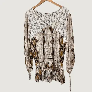 Free People Mixed Print V-Neck Tunic Mini Dress Brown Cream Mustard Size M thumbnail 3
