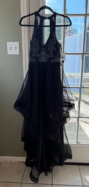 jcpenney Black Halter High-Low Evening Dress with White Embroidery New with Tag thumbnail 1