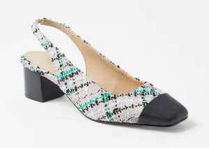 Ann Taylor Sz 7.5 Tweed Cap Toe Block Heel Slingback Pumps Black White Teal thumbnail 1