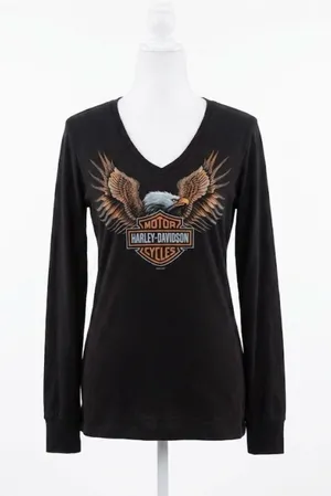 Harley-Davidson Women M‎ Black Long Sleeve V-Neck Eagle Graphic Shirt Bumpus TN thumbnail 1