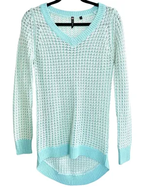 POOF! Womens Size S Open Knit V-Neck Sweater Aqua Blue White Hi-Low Boho Coastal thumbnail 1