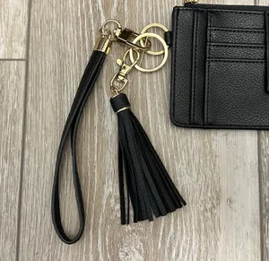 Black Leather Faux (?) ID Cards Wallet Key Fob Tassel Accent Wristlet Strap thumbnail 5