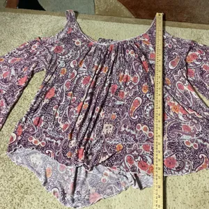 Free People Boho Cold Shoulder Blouse Womens Large Purple Paisley Bell Sleeve thumbnail 3