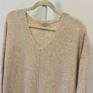 LOFT Womens V-Neck Seamed Drop Shoulder Sweater Beige Marl Size Med Neutral Fall thumbnail 4