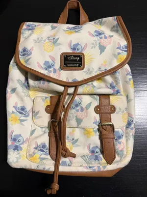 Disney Loungefly Stitch Floral Canvas Mini Backpack Cream Faux Leather Trim thumbnail 1