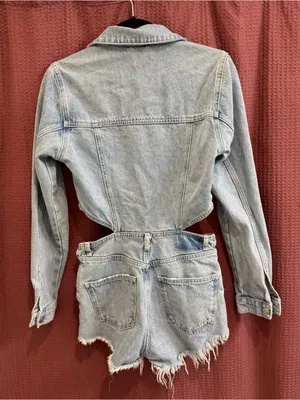 Zara Light Blue Denim Cutout Short Overalls thumbnail 5