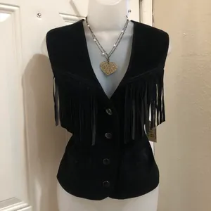 NWT Black Genuine suede leather fringe vest button up front-western boho indie goth grunge Size M-measurements in pics thumbnail 3