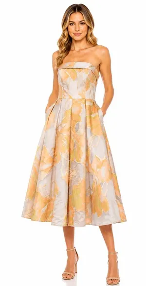 Mac Duggal - Peach‎ Multi Floral Brocade Strapless Midi Dress thumbnail 1