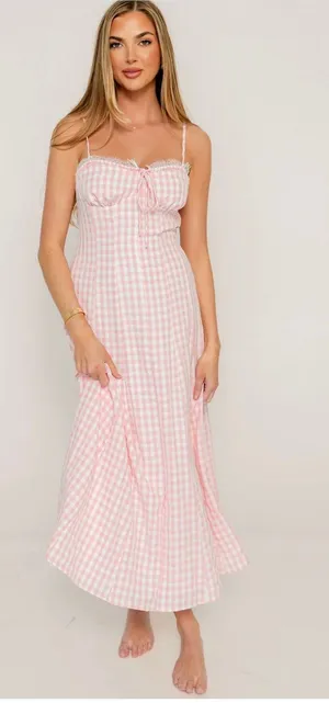 Pink Gingham Maxi Dress Size L thumbnail 1