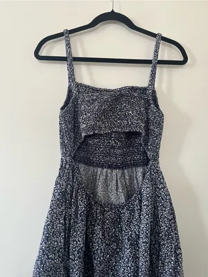 Old Navy 100% Cotton Navy Blue Floral Smocked Midi Dress Large Coastal thumbnail 6