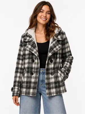 maurices Plaid Double Breasted Hooded Pea Coat Jacket Women's Size L thumbnail 1