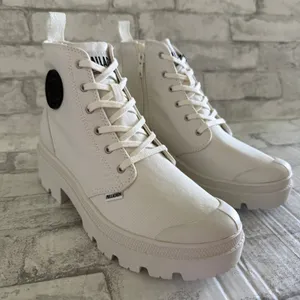 Palladium Pallabase Star White Twill Vegan High Block Heel Platform Lug Boot 8.5 thumbnail 1
