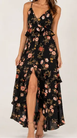 Lush Black Floral High Low Ruffle Maxi Dress NWOT Size S thumbnail 1