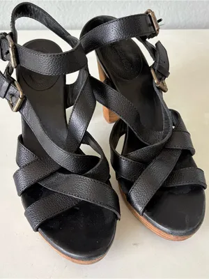 Madewell Black Leather Ankle Strap Platform Wood High Heels Sandals Womens Sz 10 thumbnail 1