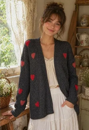 NWT!! CELEBRATE‎ TOGETHER Heart Cardigan Sweater Grey Pink Red Hearts Large thumbnail 1