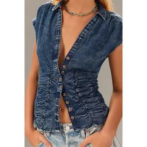 Anthropologie Pilcro Women Cotton Denim Top XS Blue Ruched Button Western Boho thumbnail 2