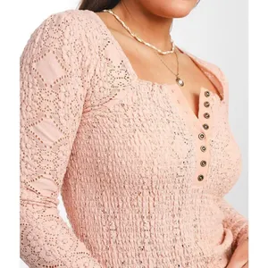 Gimmicks by BKE Light Peach Eyelet Smocked Stretch Henley Large‎ thumbnail 10