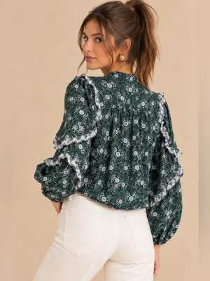 J.Crew Green Ditzy Floral Ruffle Trim Button Front Yolk Long Sleeve Blouse Small thumbnail 3