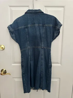 Free People Denim Button-Front Shift Dress in Blue thumbnail 3