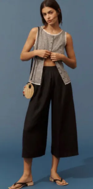 Anthropologie Pleated Culotte Trousers Black 100% Linen Wide Leg Cropped NWT Med thumbnail 1