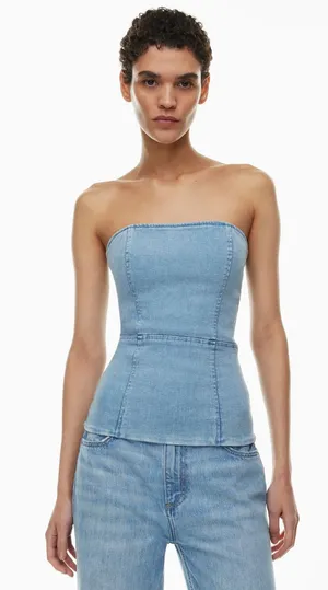 Denim Forum Strapless Denim Corset Bustier Top Light Wash Blue | XS thumbnail 1