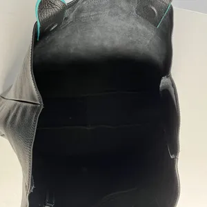 Black Deertan Cowhide Leather Tote Bag Teal Trim Classic Minimalist Purse‎ thumbnail 8