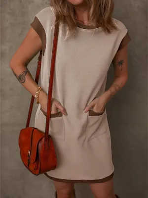 NWT Dokotoo Casual‎ Cream Shift Dress with Brown Trim size L thumbnail 3